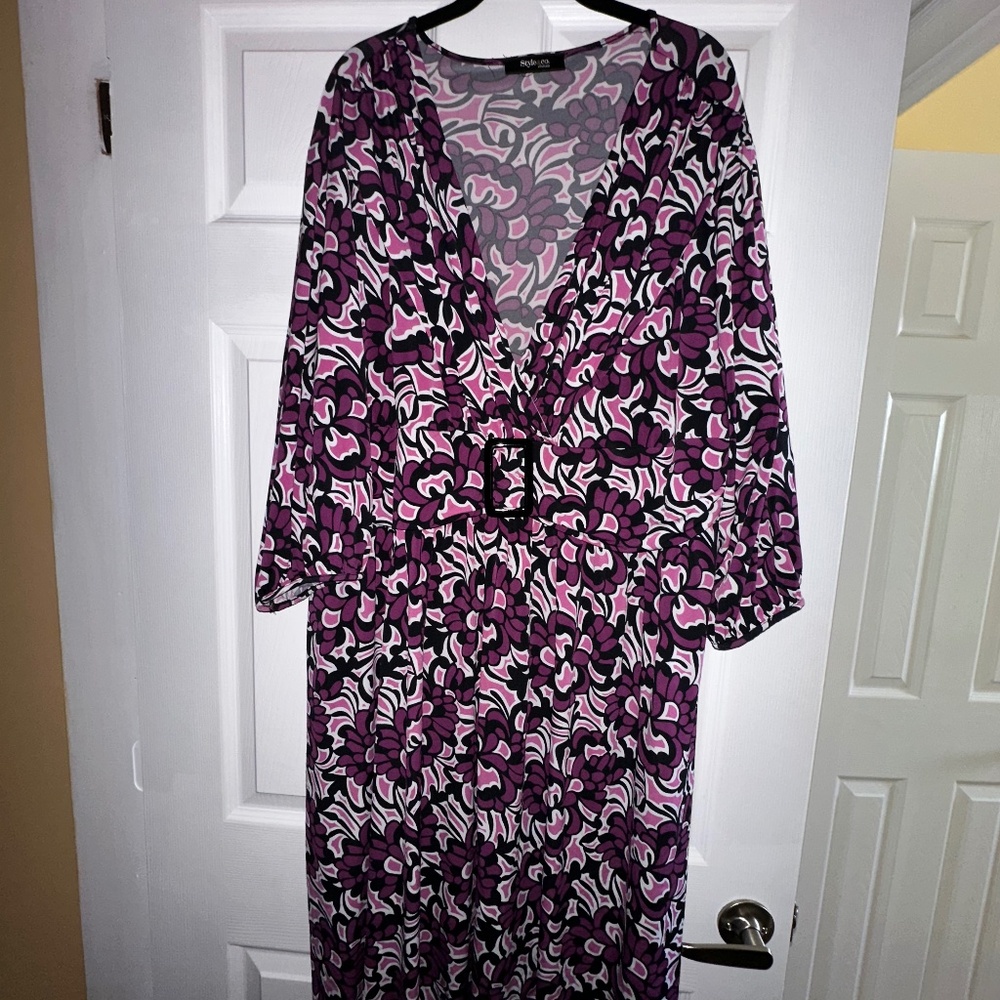 Style & Co Plus Size 3X Purple Floral Belted Dress Boho Midi